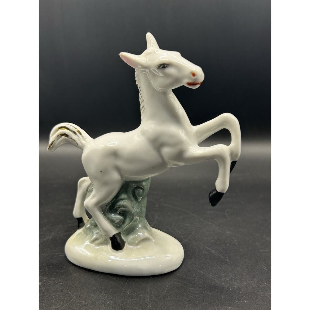 Vintage Mid Century White Ceramic Rearing Horse Colt Gold Accent